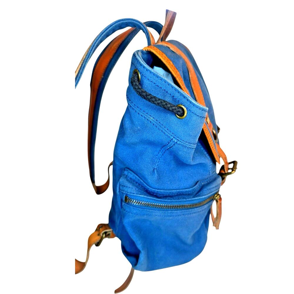 Burberry Blue Cotton Canvas Backpack Rucksack ~ Brown Leather Trim~ Drawstring - Picture 4 of 11